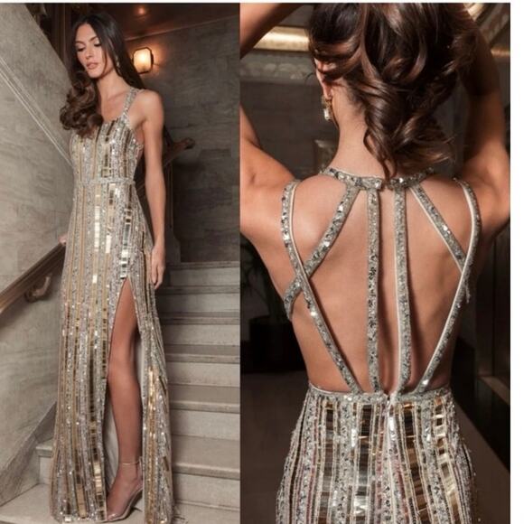 Mac Duggal Dresses & Skirts - NWT MAC DUGGAL Nude Silver Halter Neck Embellished Detailed Back Metallic Gown 4